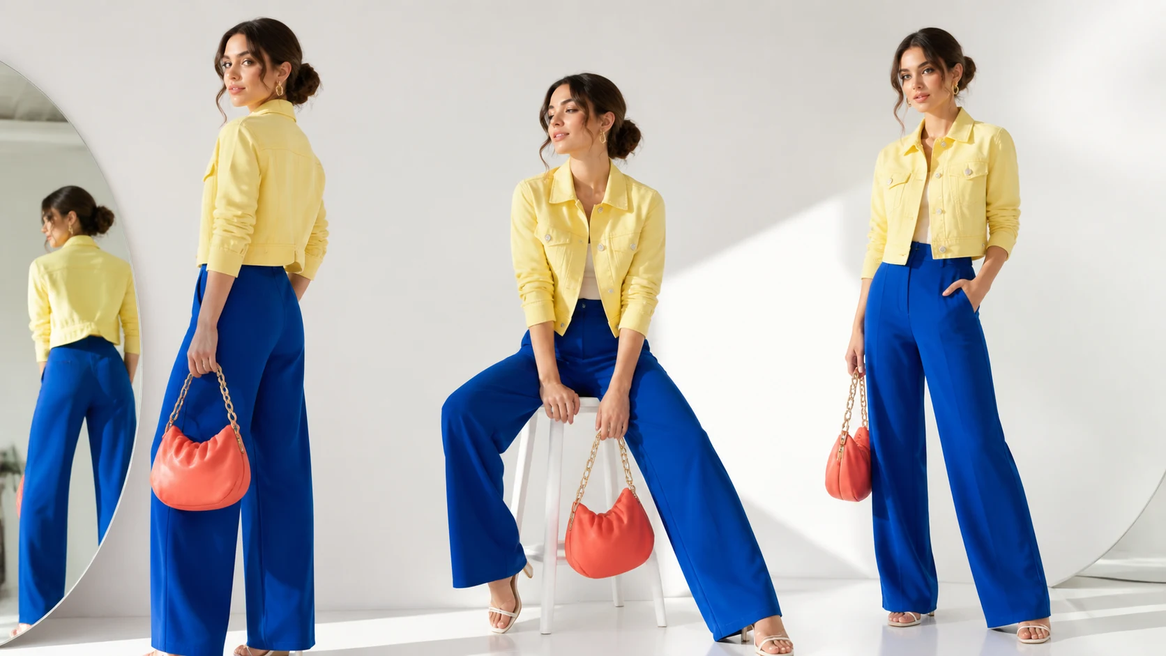 A fashion lookbook showing the same model in a lemon jacket and cobalt trousers