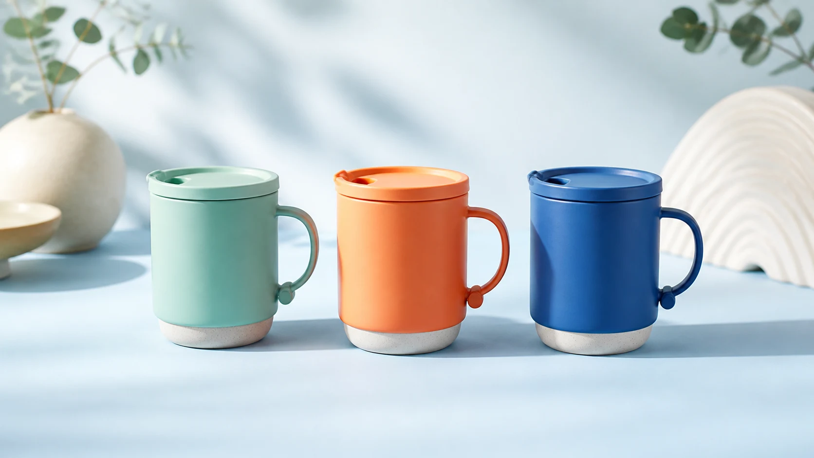 Three consistent ceramic travel mugs in mint, orange, and ultramarine