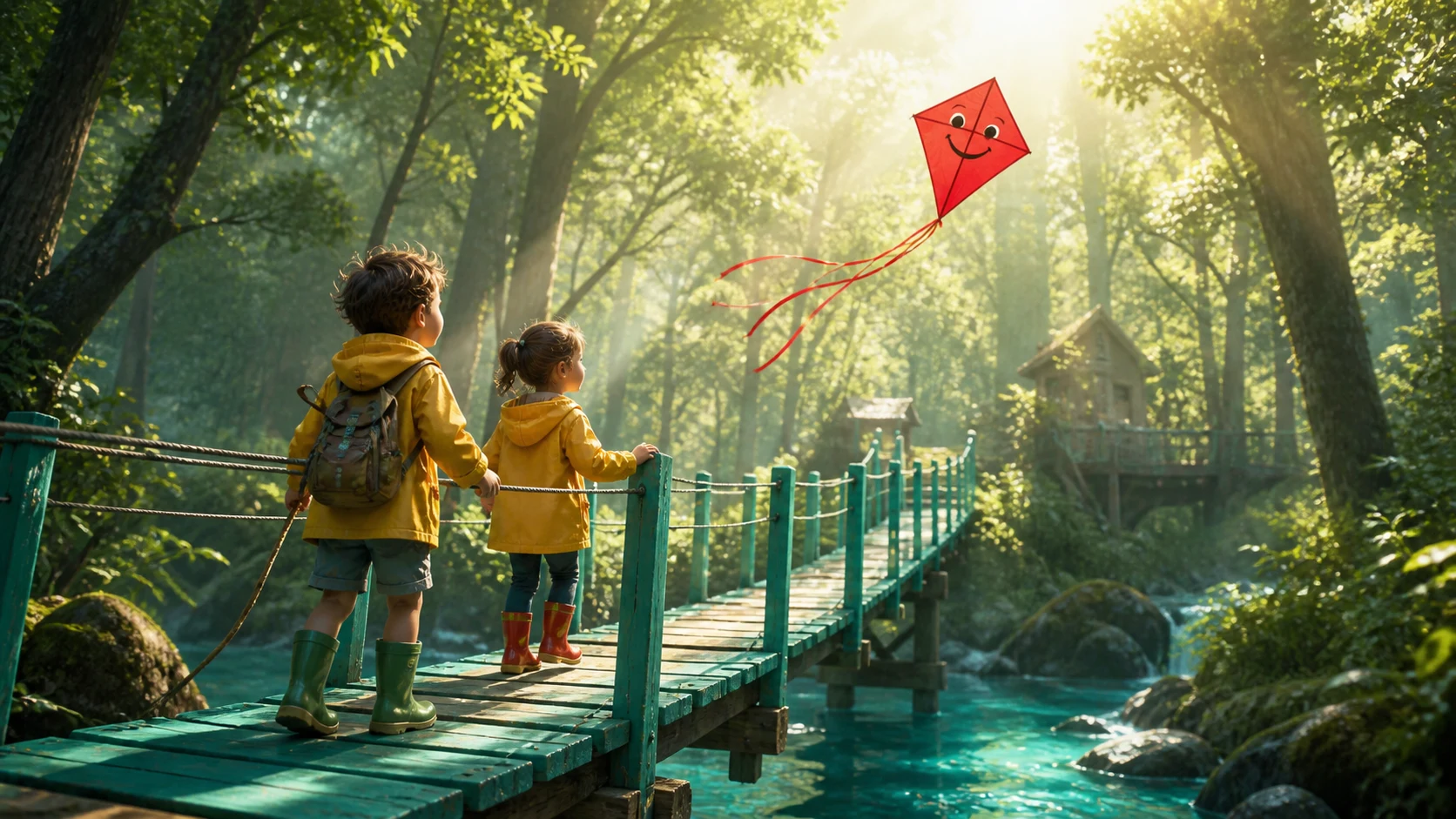 Two young explorers in yellow raincoats crossing a turquoise bridge in a bright green forest