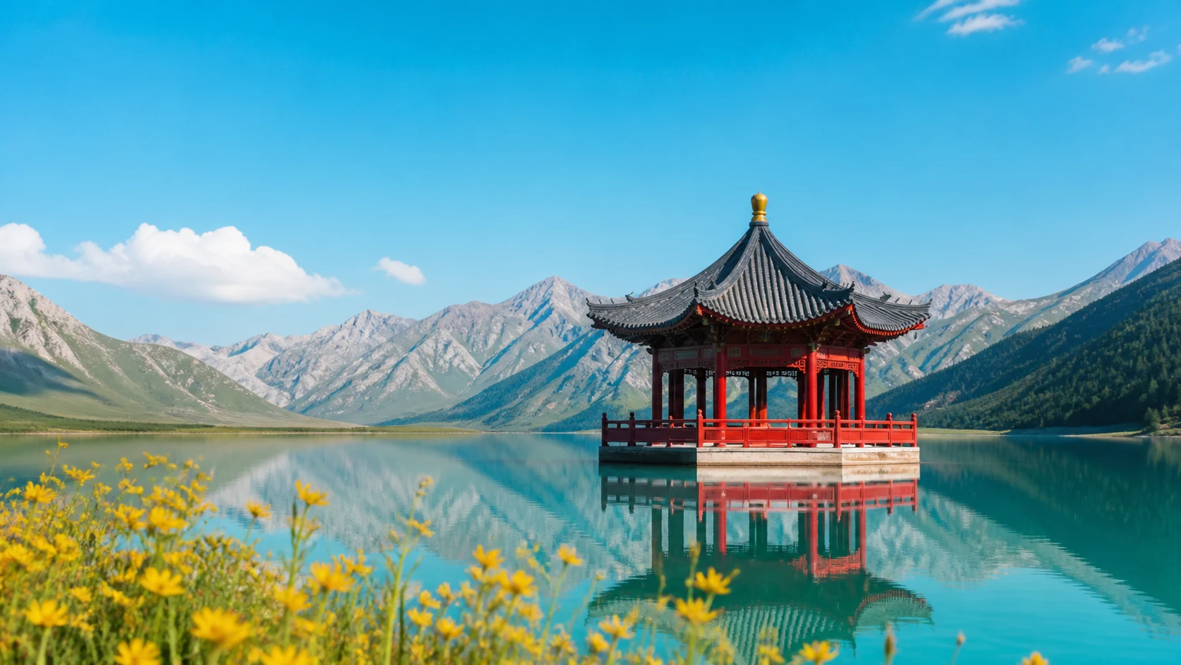 A red floating pavilion reflected in a turquoise lake with yellow wildflowers