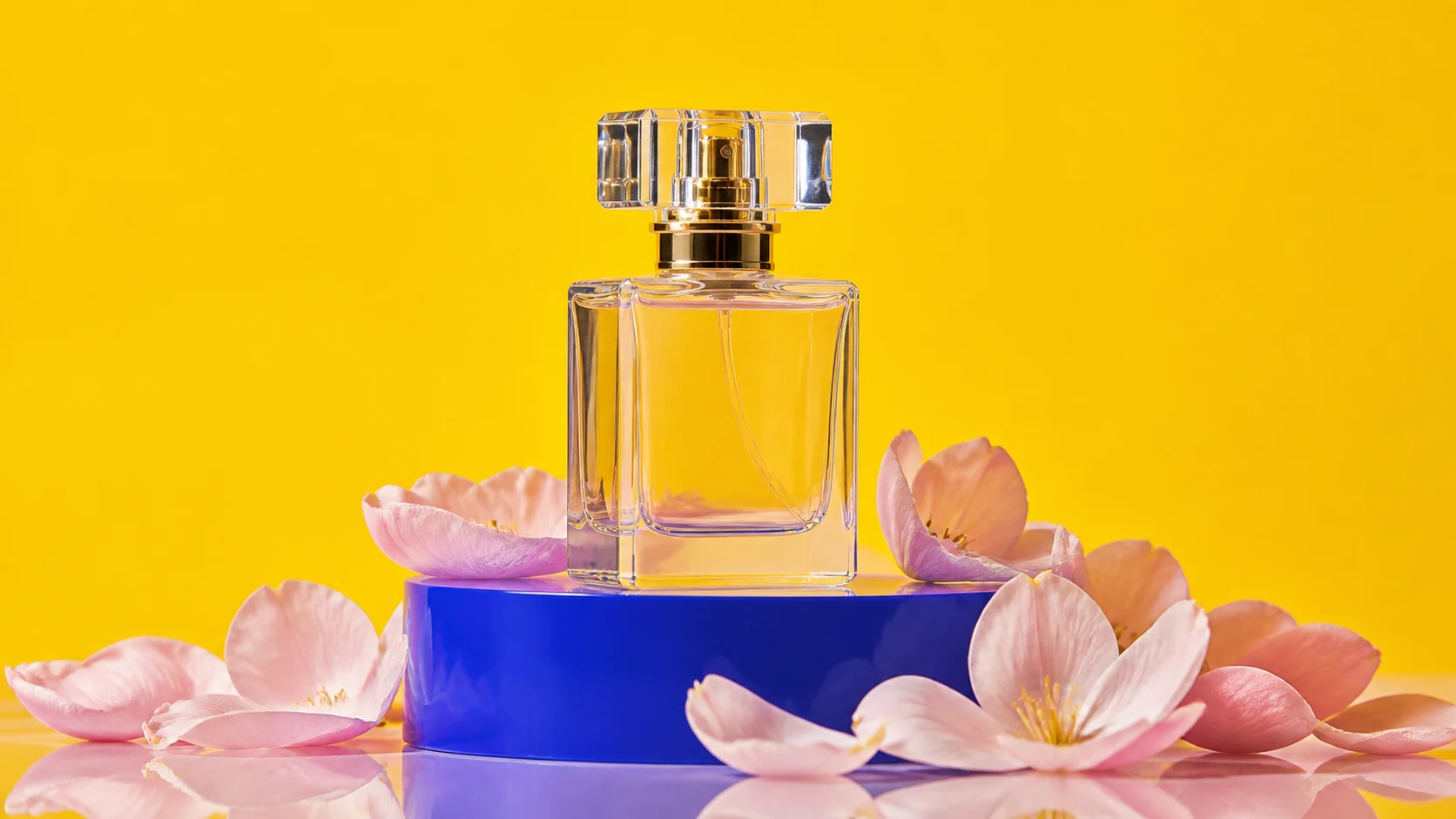 A clear perfume bottle on a cobalt pedestal surrounded by pink petals and yellow light