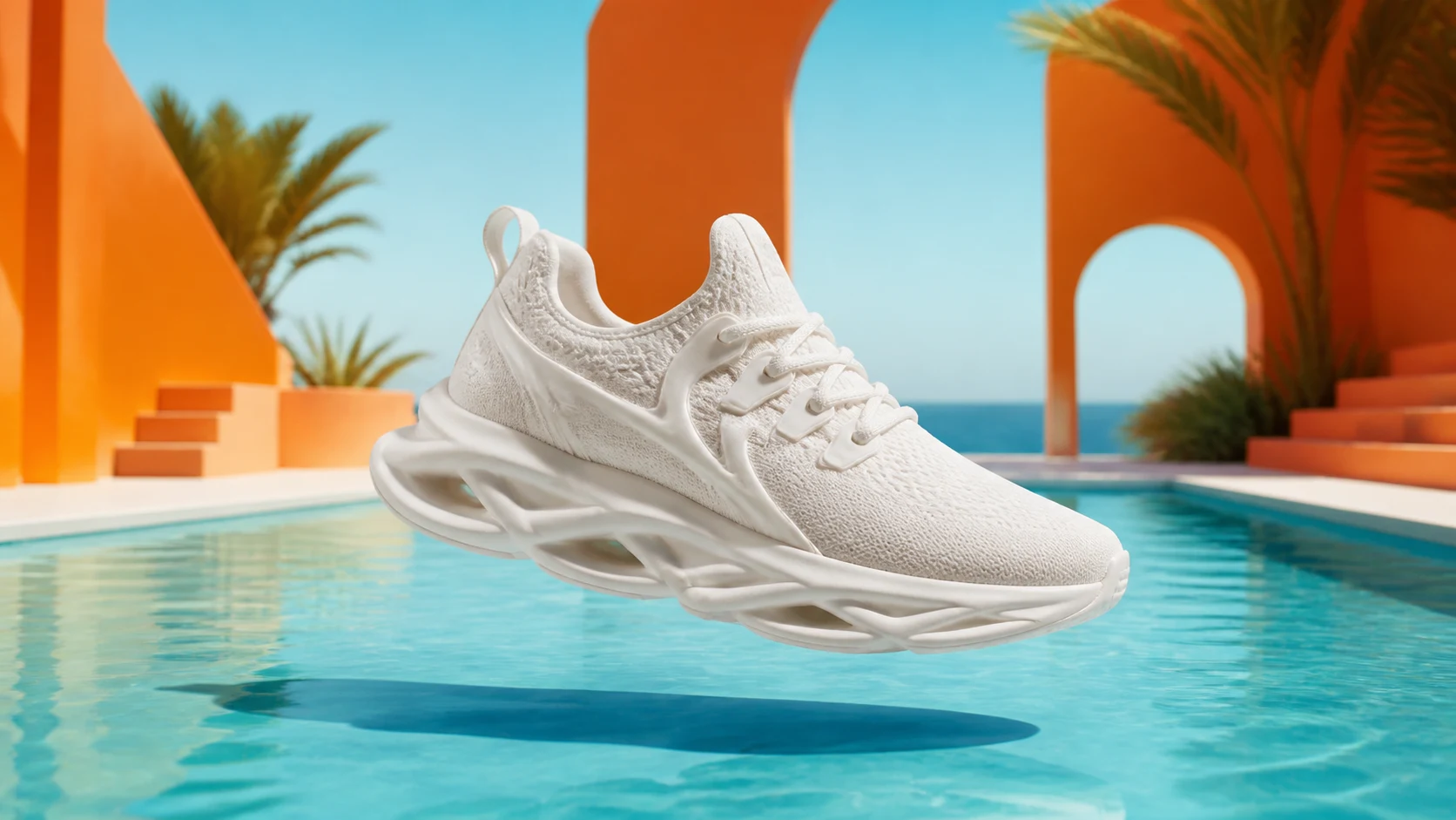A white sneaker floating above a turquoise pool with bright orange architecture