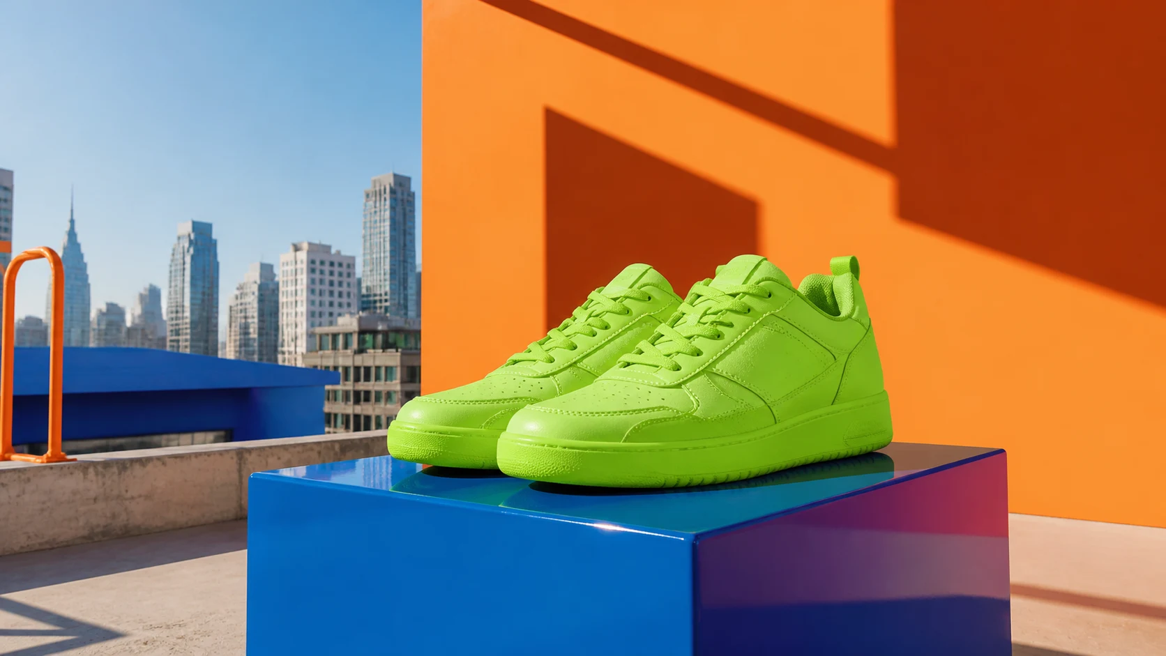 Lime-green sneakers on a cobalt pedestal on a bright city rooftop
