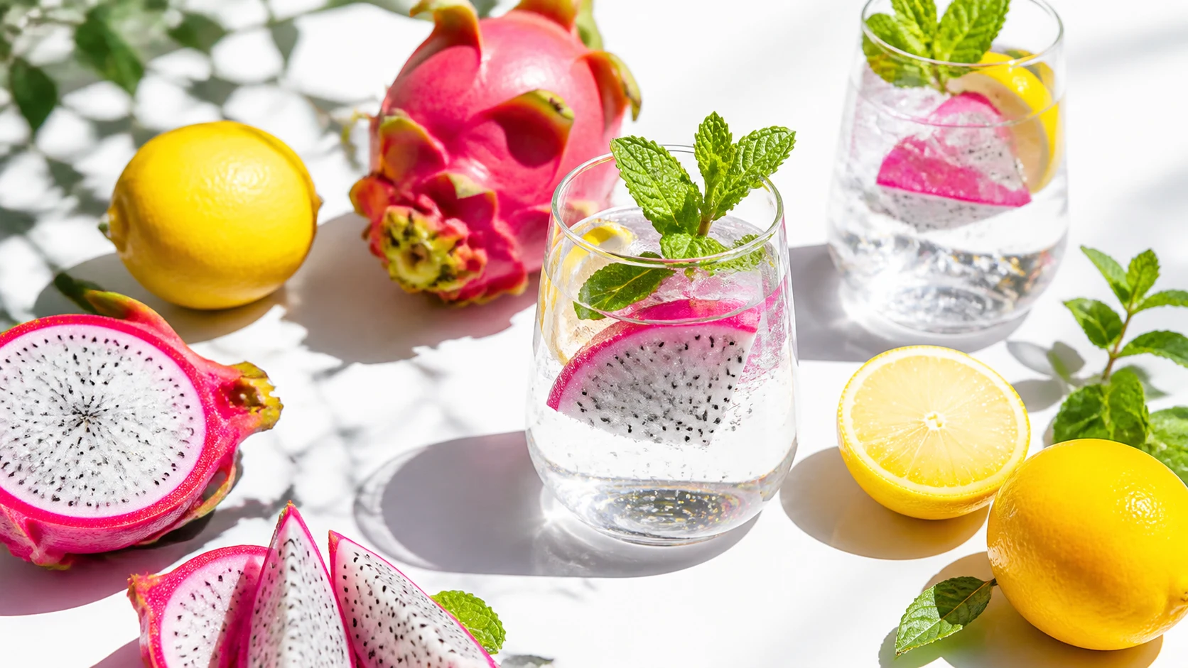 A colorful dragon fruit and citrus still life with sparkling water in clear glass