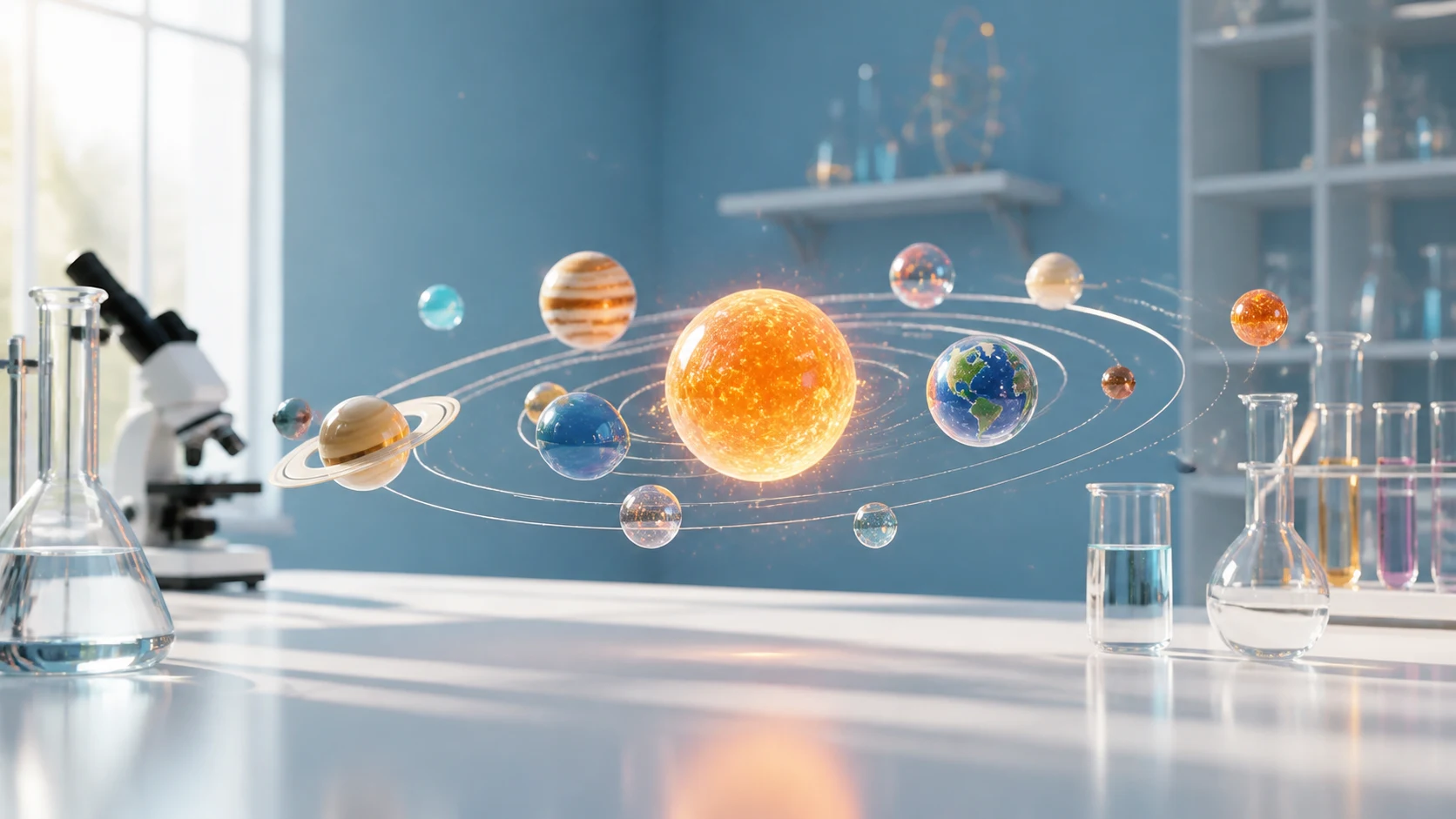A miniature glass solar system hovering above a bright white laboratory table
