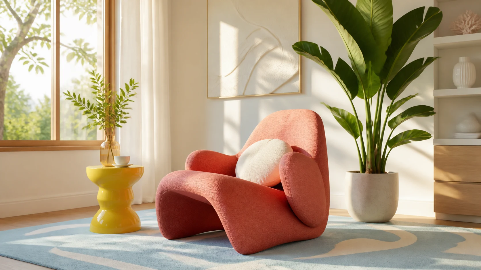 A sunlit reading nook with a coral chair, blue rug, yellow side table, and leafy plant