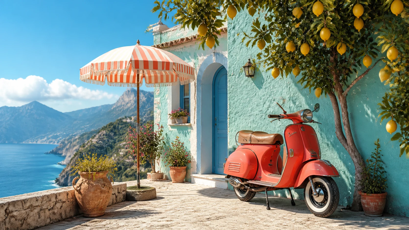 A coral vintage scooter beside a turquoise Mediterranean house with lemon trees